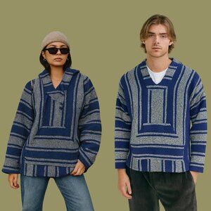 Vintage Mexican Baja Hoodie Blue & Gray Striped Unisex Sweater Poncho (Size XL)